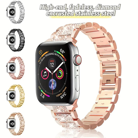 Metal Diamond-Encrusted Watch Band